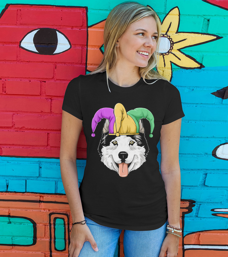 Mardi Gras Husky With Carnival Jester Hat T-Shirt