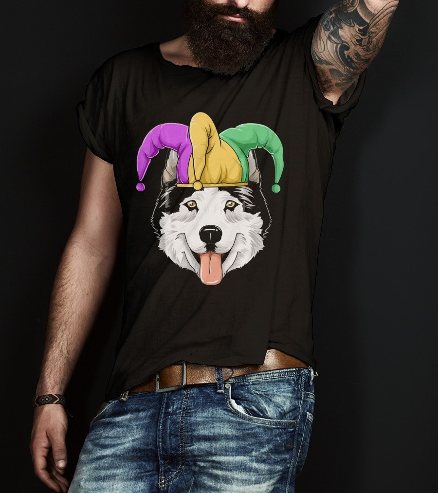Mardi Gras Husky With Carnival Jester Hat T-Shirt