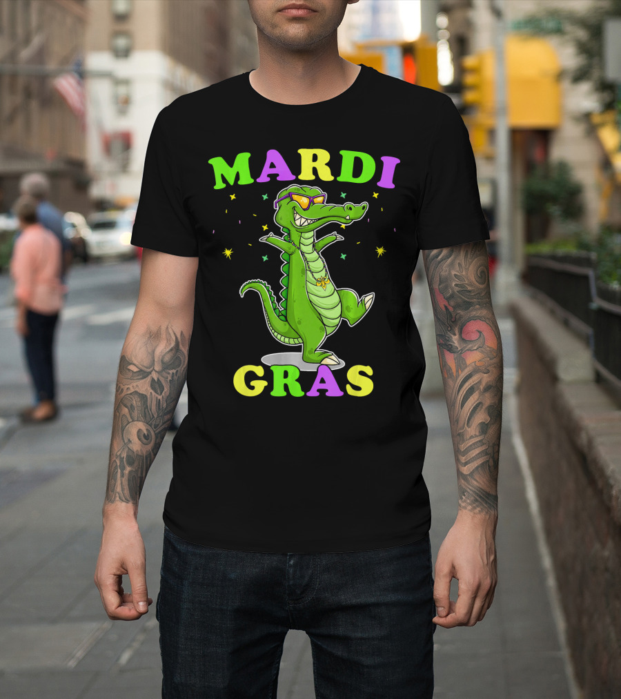 Mardi Gras Alligator Party with Sunglasses and Beads T-Shirt