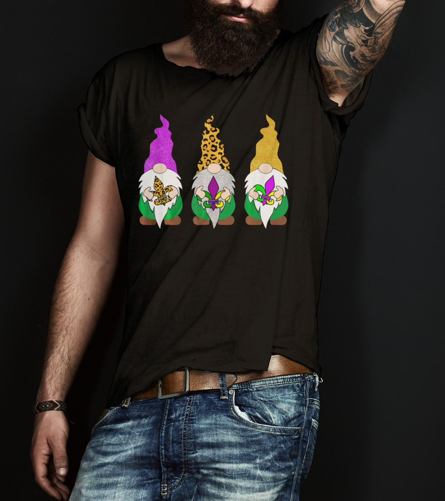 Mardi Gras Festival Colors Glitter Leopard Pattern Gnomes With Fleur-de-Lis T-Shirt
