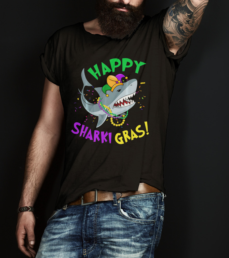 Happy Sharki Gras Mardi Gras Shark With Beads And Jester Hat T-Shirt