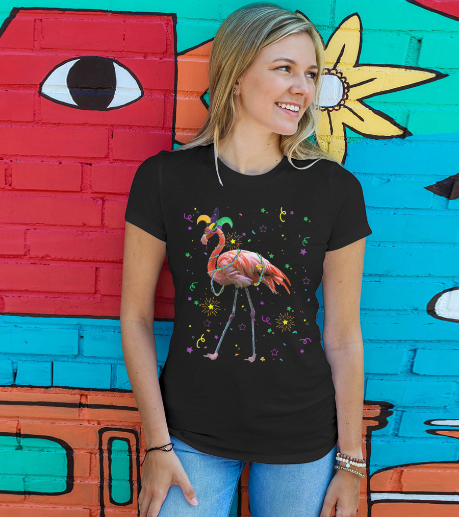 Flamingo Mardi Gras Carnival Festival Celebration With Jester Hat And Beads T-Shirt