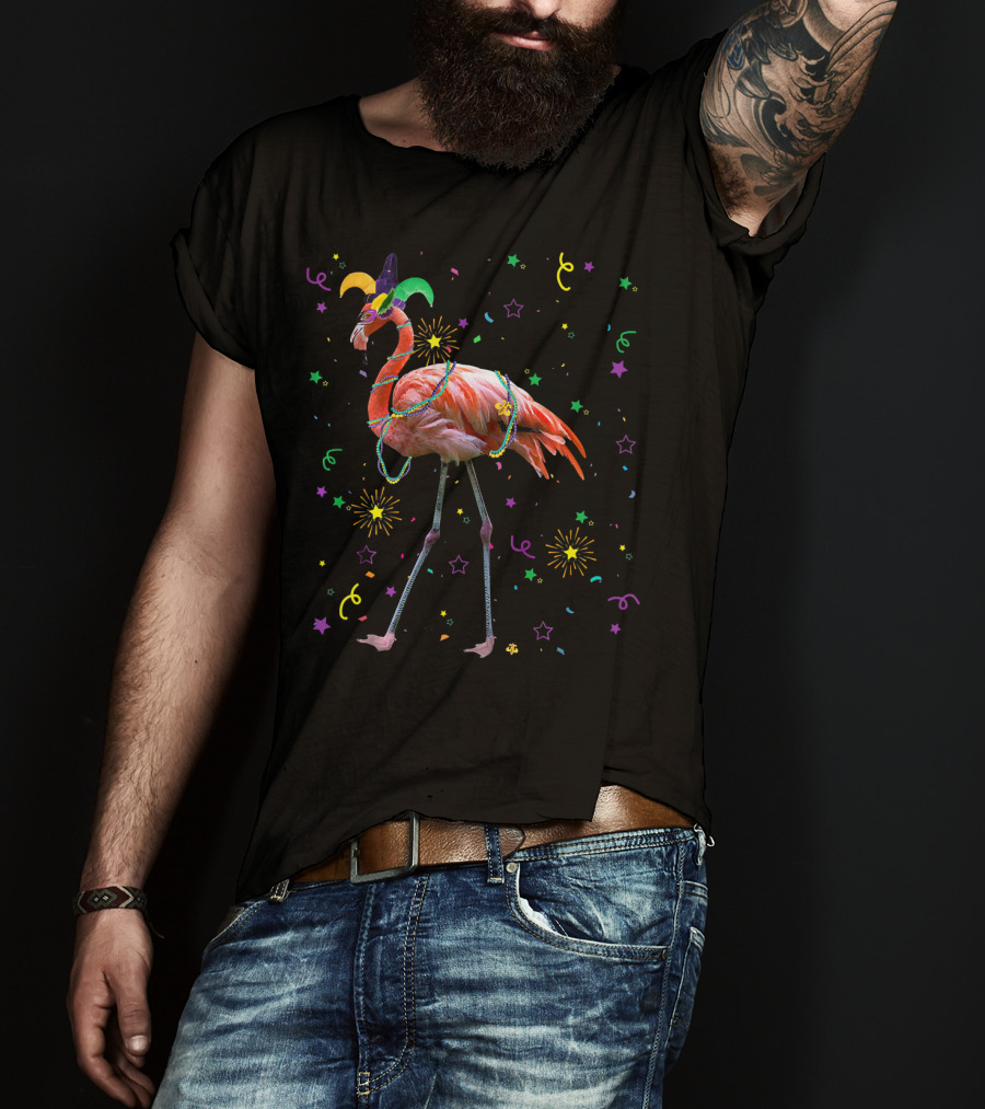 Flamingo Mardi Gras Carnival Festival Celebration With Jester Hat And Beads T-Shirt