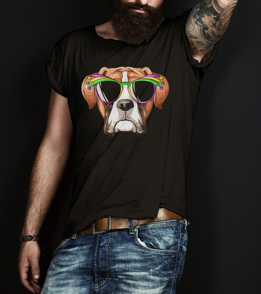 Boxer Dog Mardi Gras Jester Glasses Carnival Mask T-Shirt