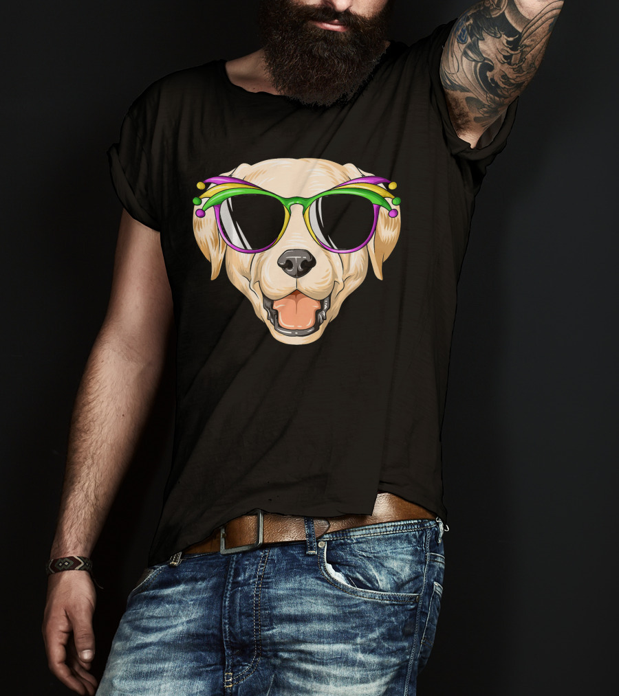 Labrador Dog With Mardi Gras Jester Carnival Mask Glasses T-Shirt
