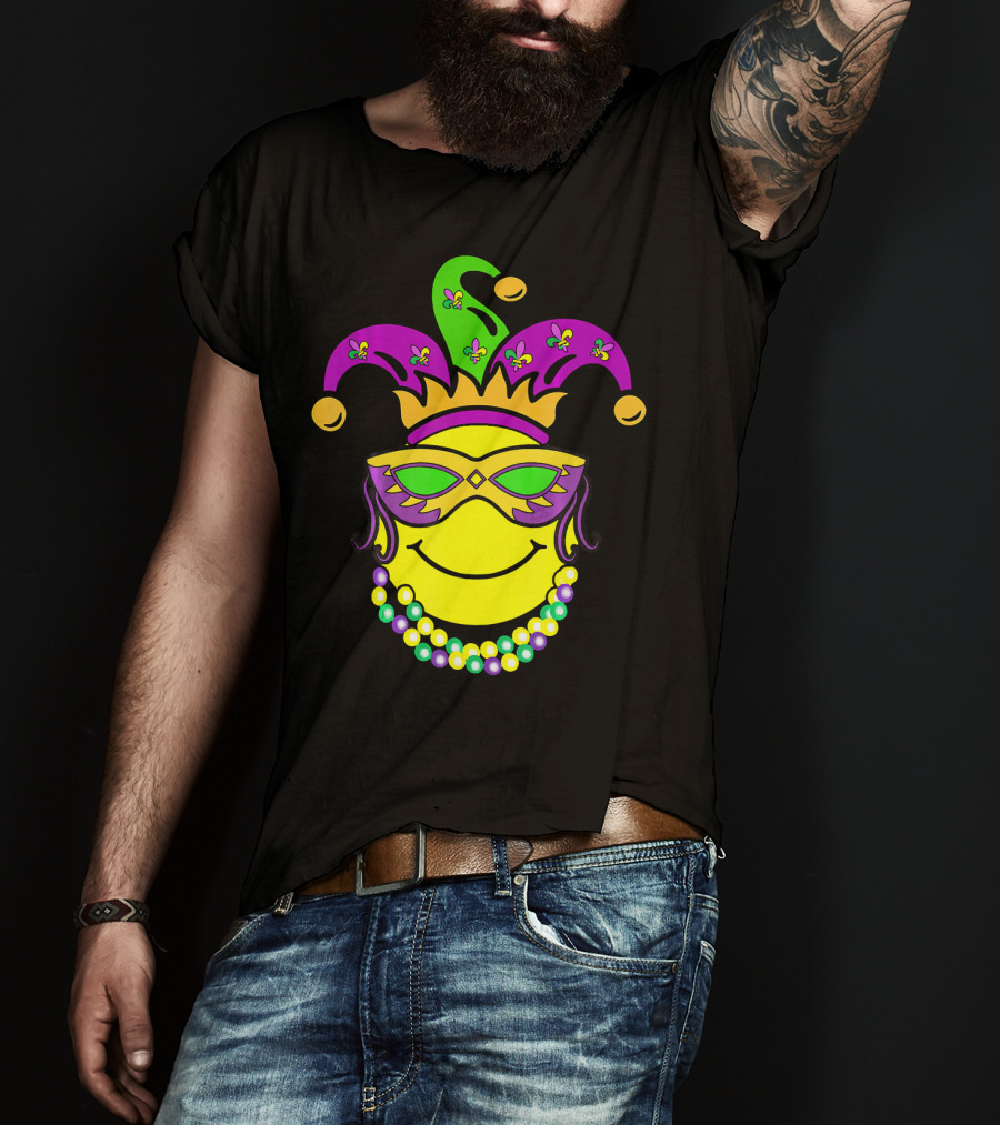 Mardi Gras Emoji Jester Mask Fleur-de-Lis Beads Funny Mardi Gras Lover T-Shirt