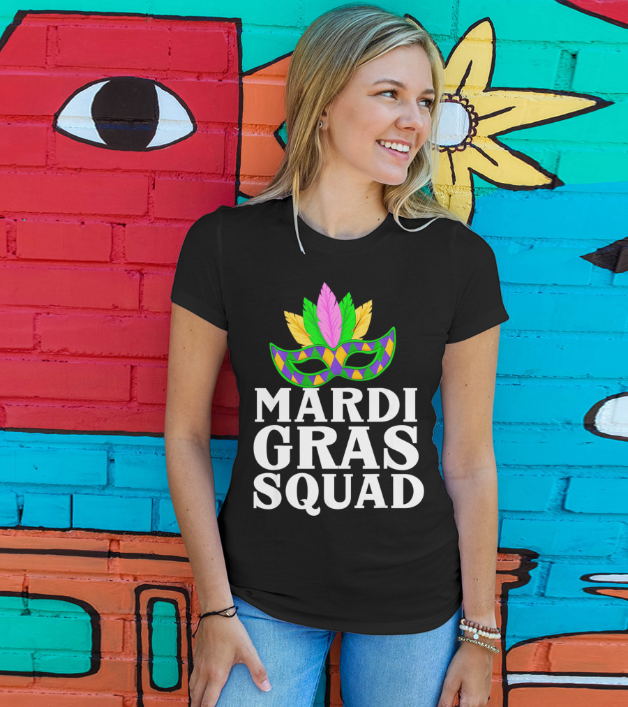 Mardi Gras Squad Colorful Mask And Feathers T-Shirt