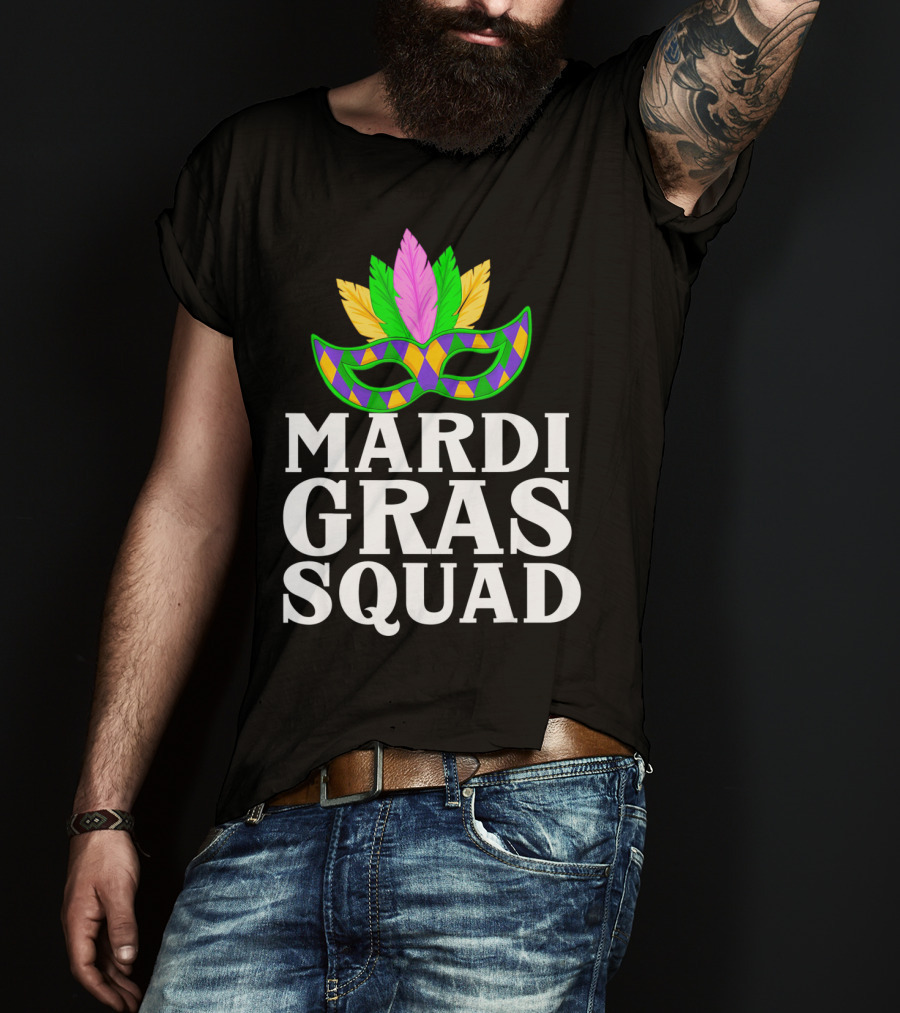 Mardi Gras Squad Colorful Mask And Feathers T-Shirt