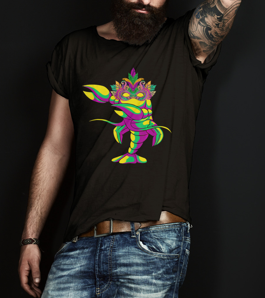 Dabbing Crawfish With Colorful Mardi Gras Mask And Feathers T-Shirt