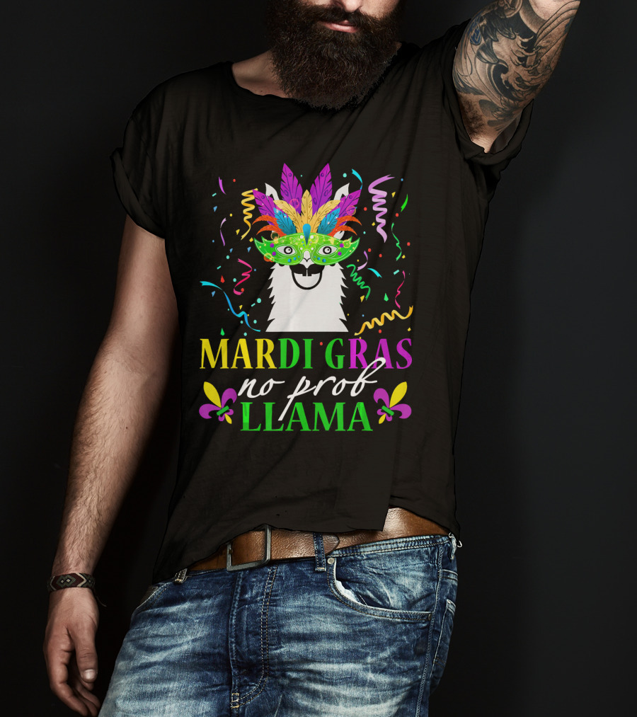 Mardi Gras No Prob Llama Colorful Celebration Mask And Confetti T-Shirt