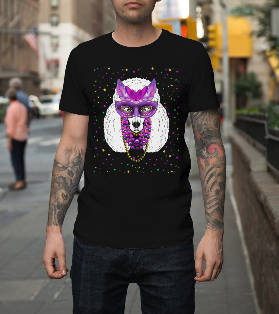 Mardi Gras Poodle with Funny Beads and Masquerade Mask T-Shirt