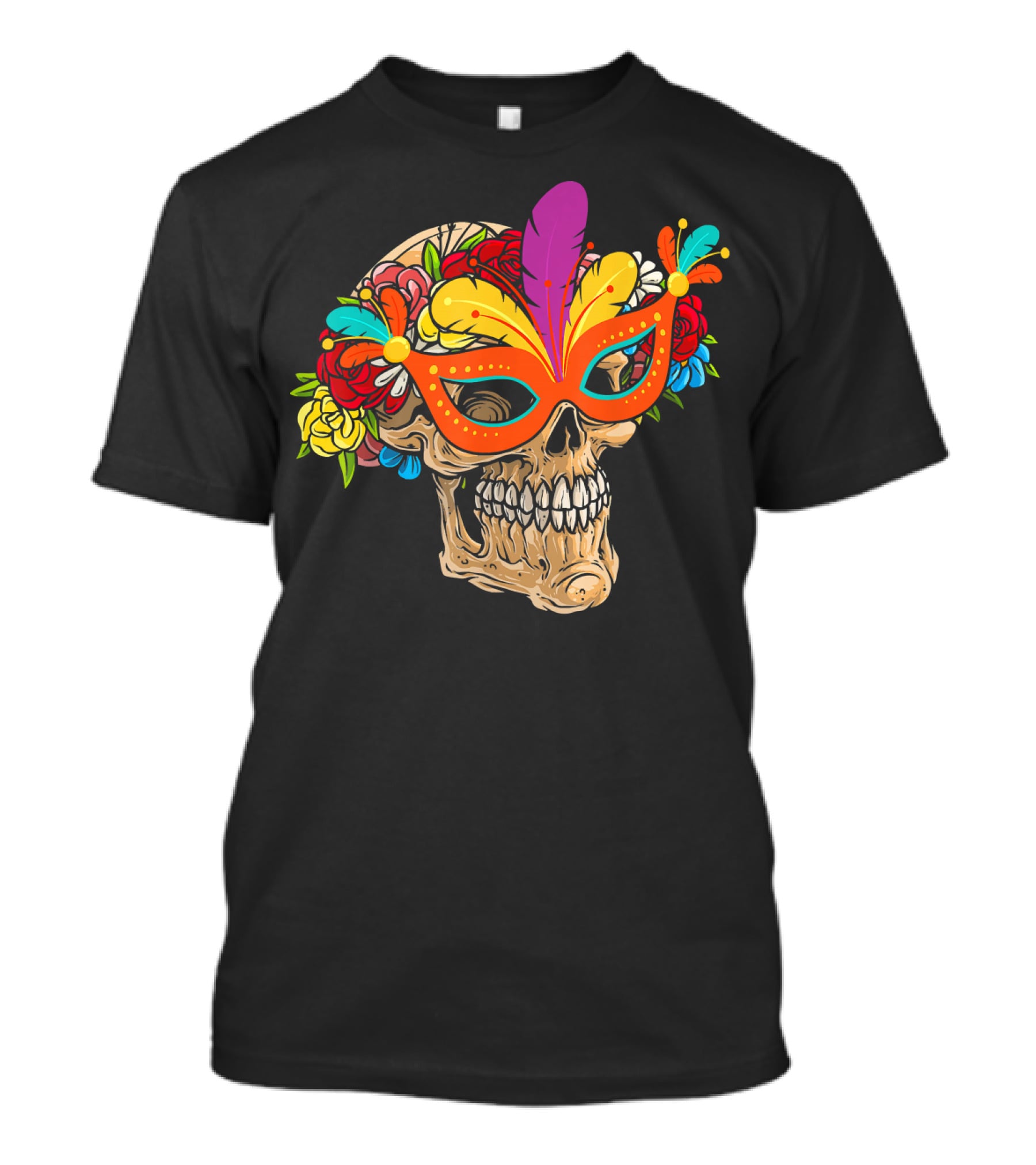 Mardi Gras Skull Mask With Colorful Floral Jester Hat T-Shirt
