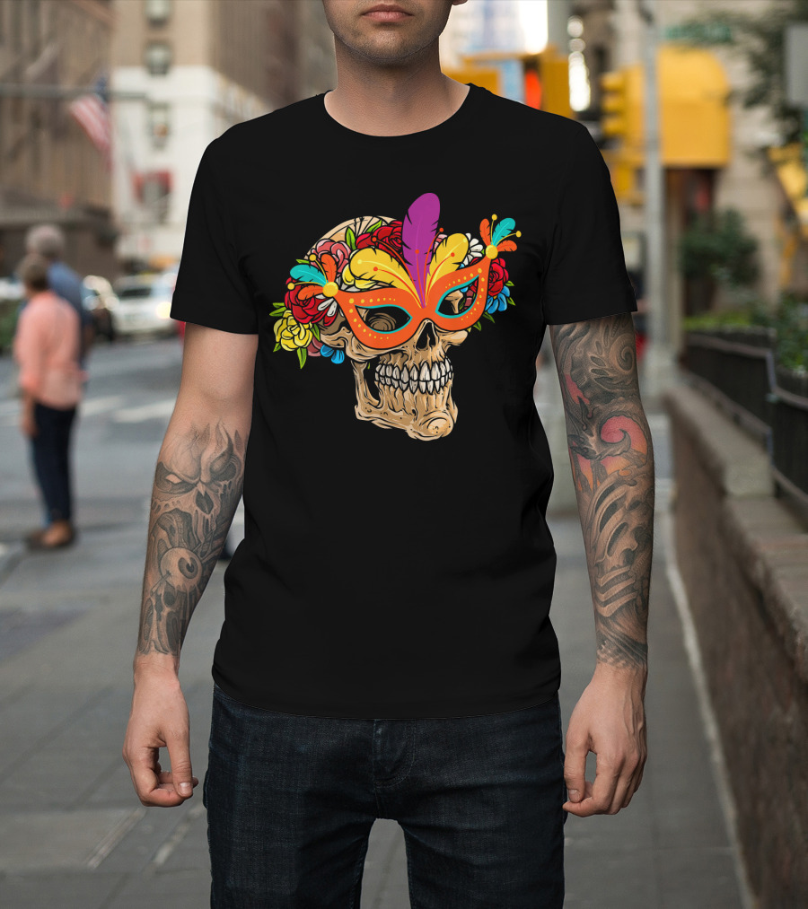 Mardi Gras Skull Mask With Colorful Floral Jester Hat T-Shirt