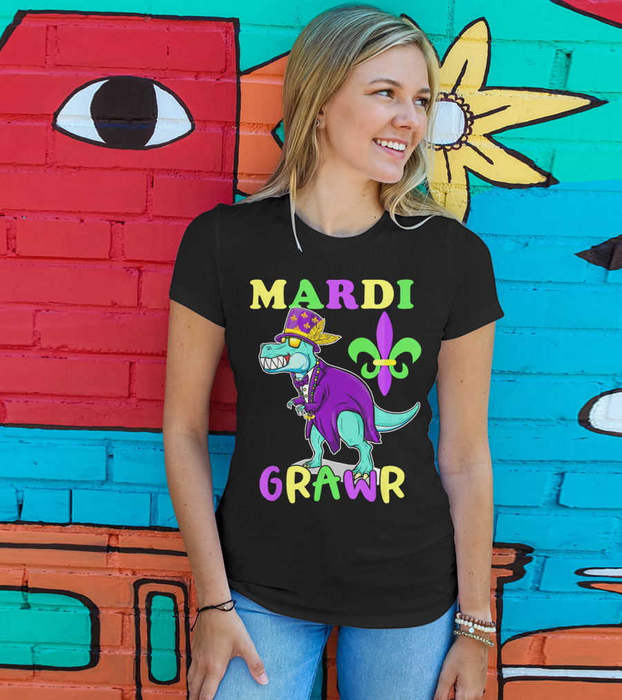 Mardi Grawr Dinosaur Rex New Orleans Fleur De Lis T-Shirt