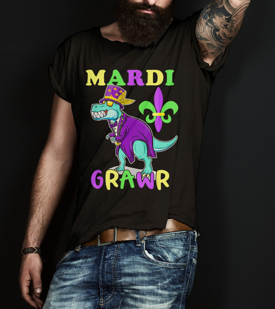 Mardi Grawr Dinosaur Rex New Orleans Fleur De Lis T-Shirt