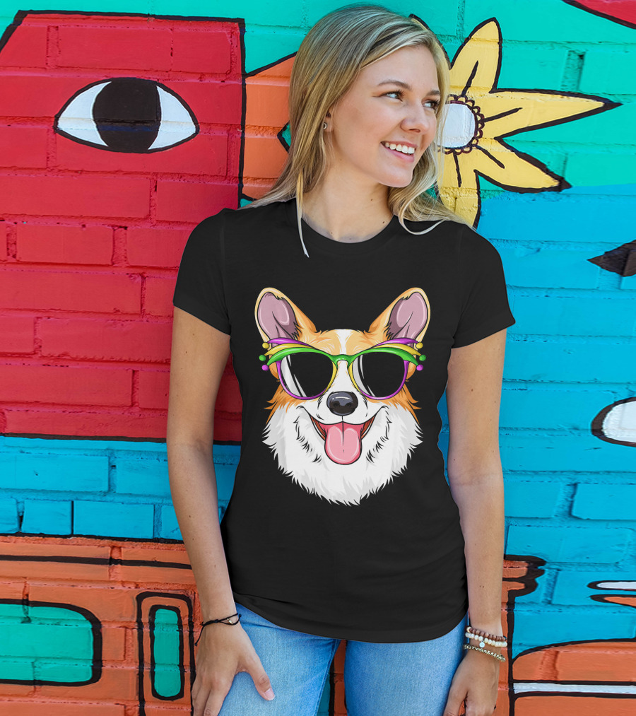 Mardi Gras Corgi With Carnival Mask And Glasses T-Shirt