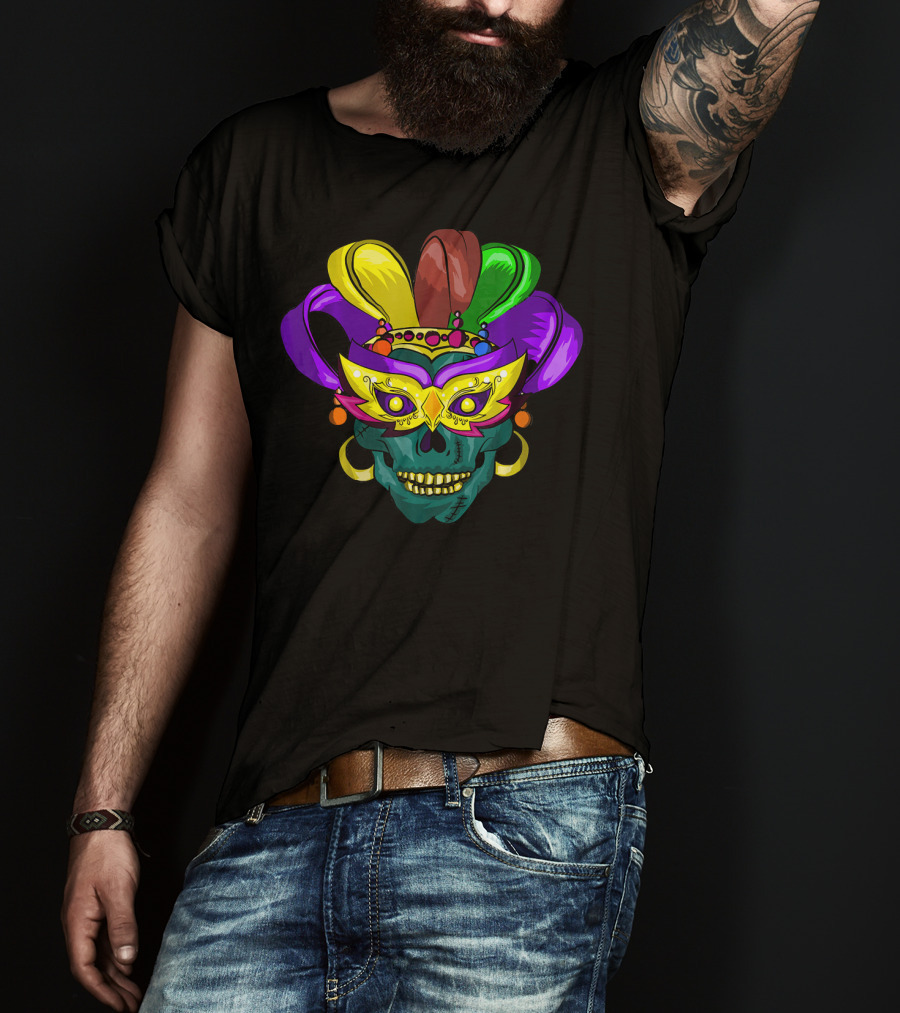 Mardi Gras Sugar Skull Colorful Mask Feather Parade Costume T-Shirt