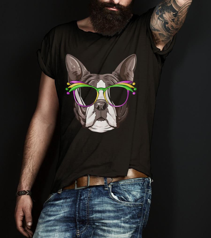 Boston Terrier With Colorful Mardi Gras Carnival Mask Glasses T-Shirt