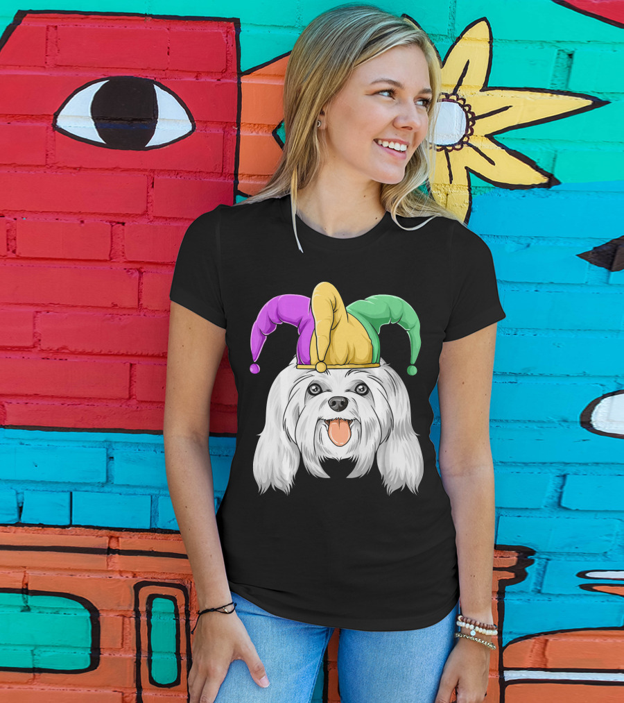 Mardi Gras Carnival Hat Maltese Dog Jester T-Shirt