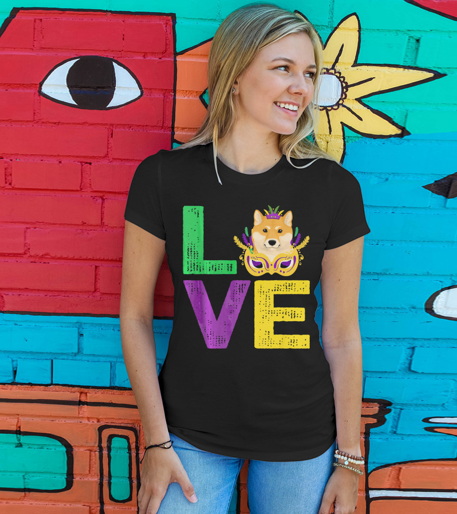 Love Shiba Inu Dog Mardi Gras Funny Dog Dad T-Shirt