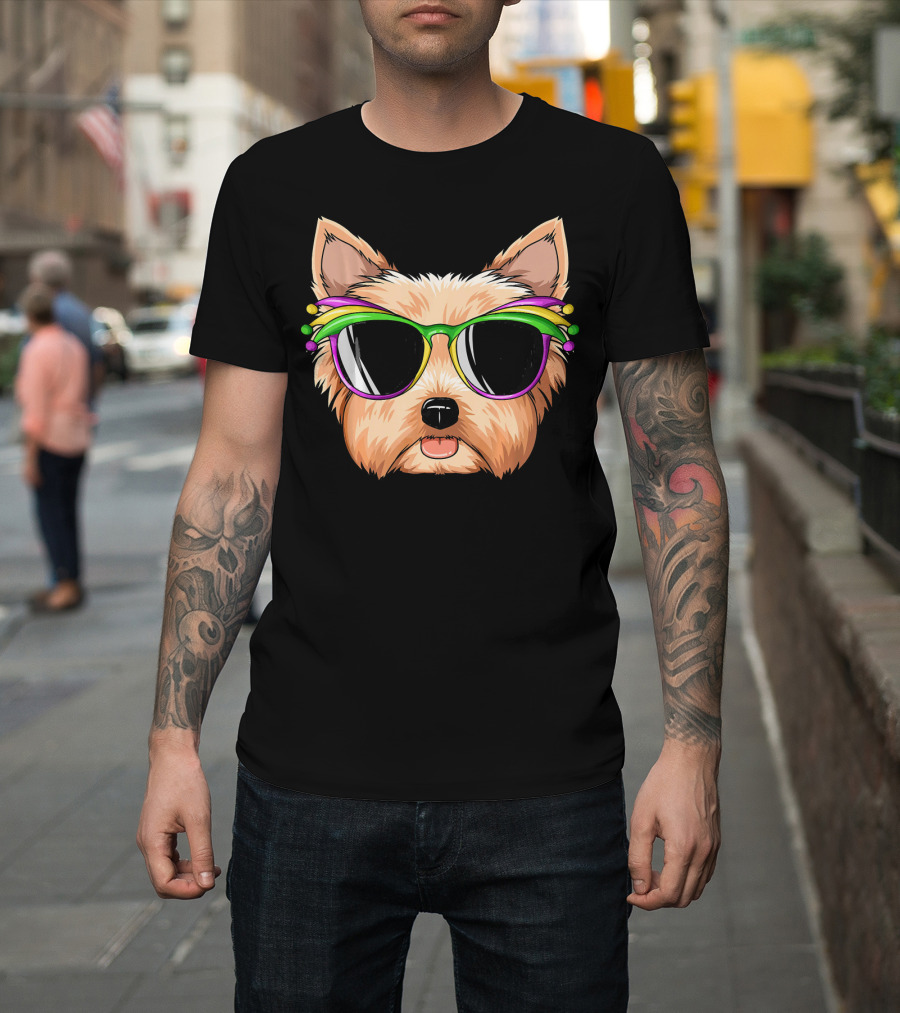 Yorkshire Terrier Mardi Gras Colorful Sunglasses Mask Yorks T-Shirt