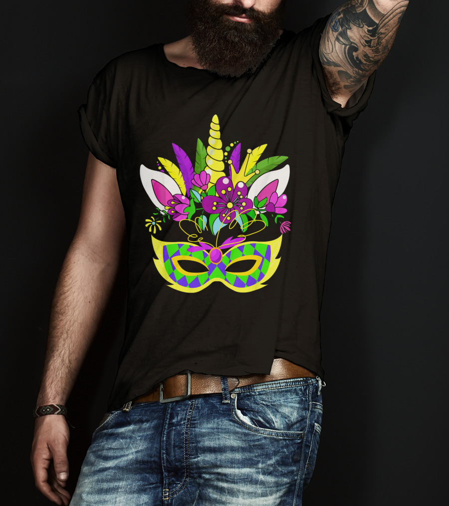 Mardi Gras Unicorn Mask Flowered Headdress T-Shirt