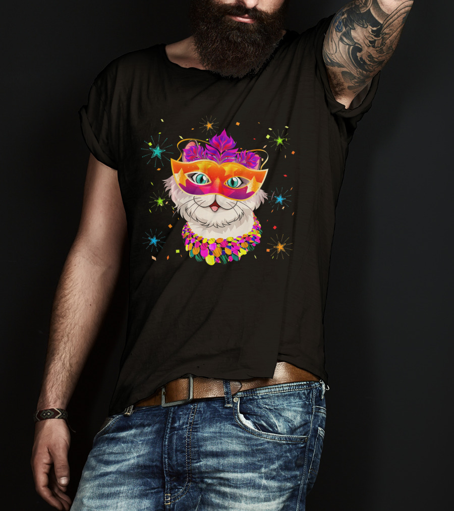 Mardi Gras Cat With Festive Mask And Beads For Cat Lovers T-Shirt