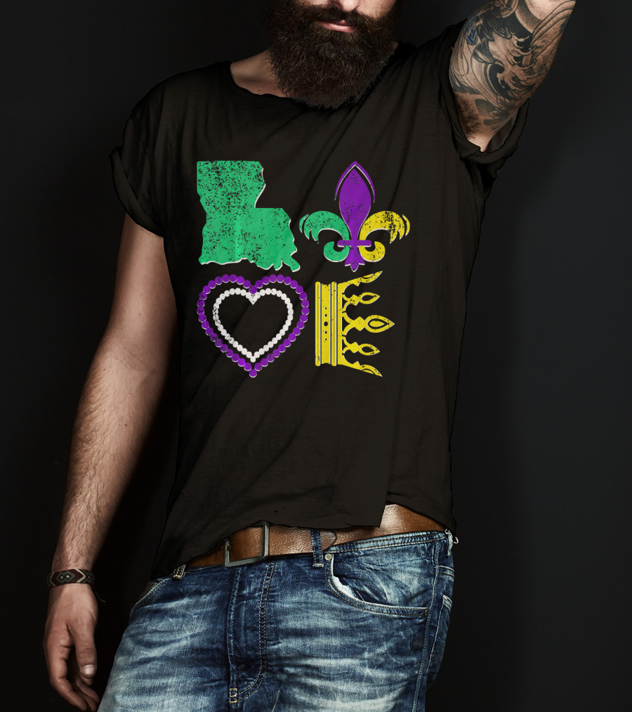 Louisiana Love Mardi Gras Fleur-de-Lis Beads Crown T-Shirt