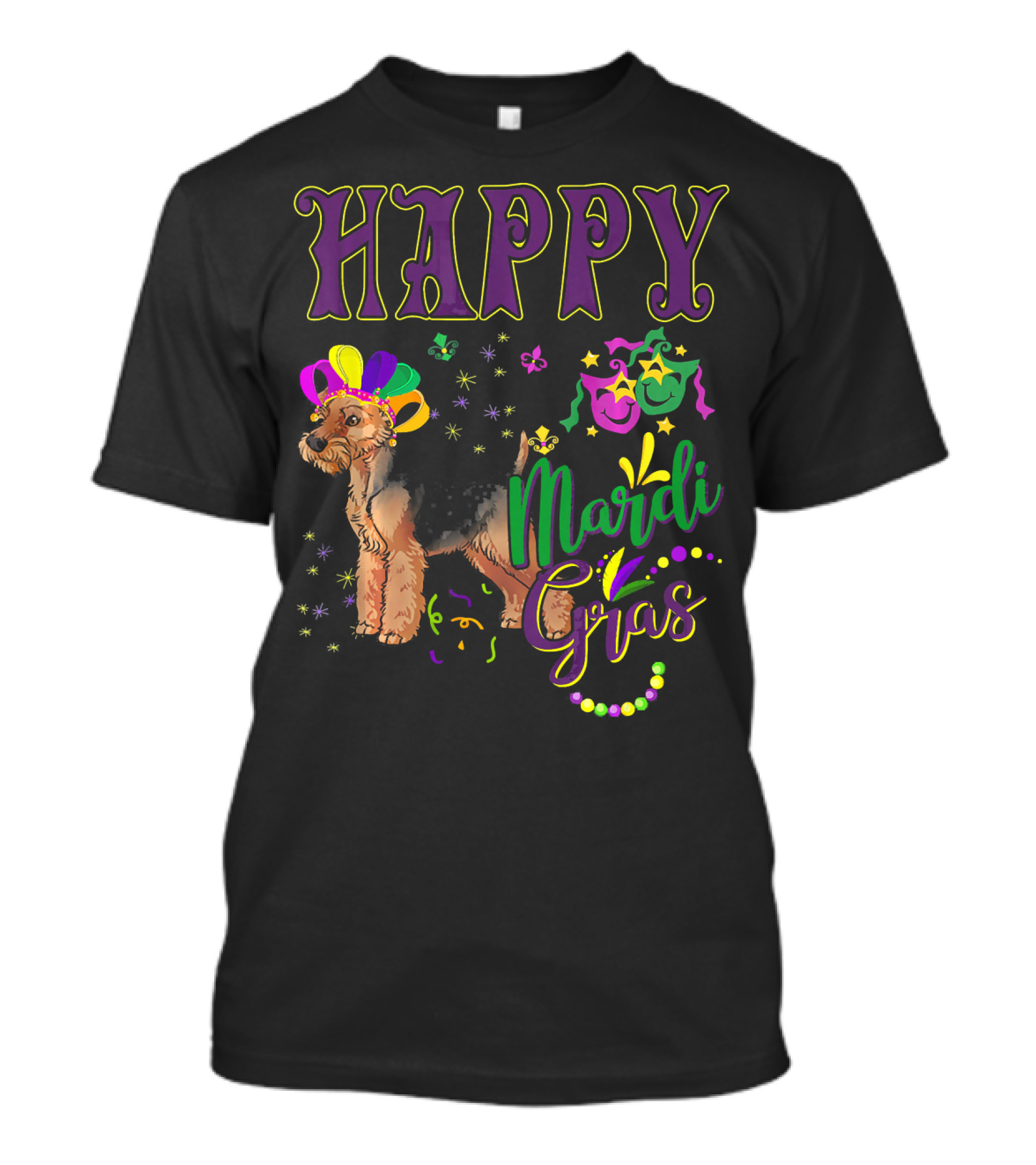 Happy Mardi Gras Welsh Terrier Masquerade Beads And Stars T-Shirt