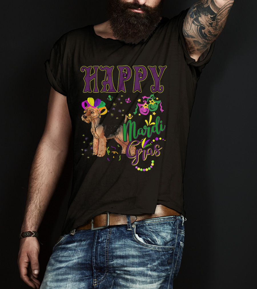 Happy Mardi Gras Welsh Terrier Masquerade Beads And Stars T-Shirt