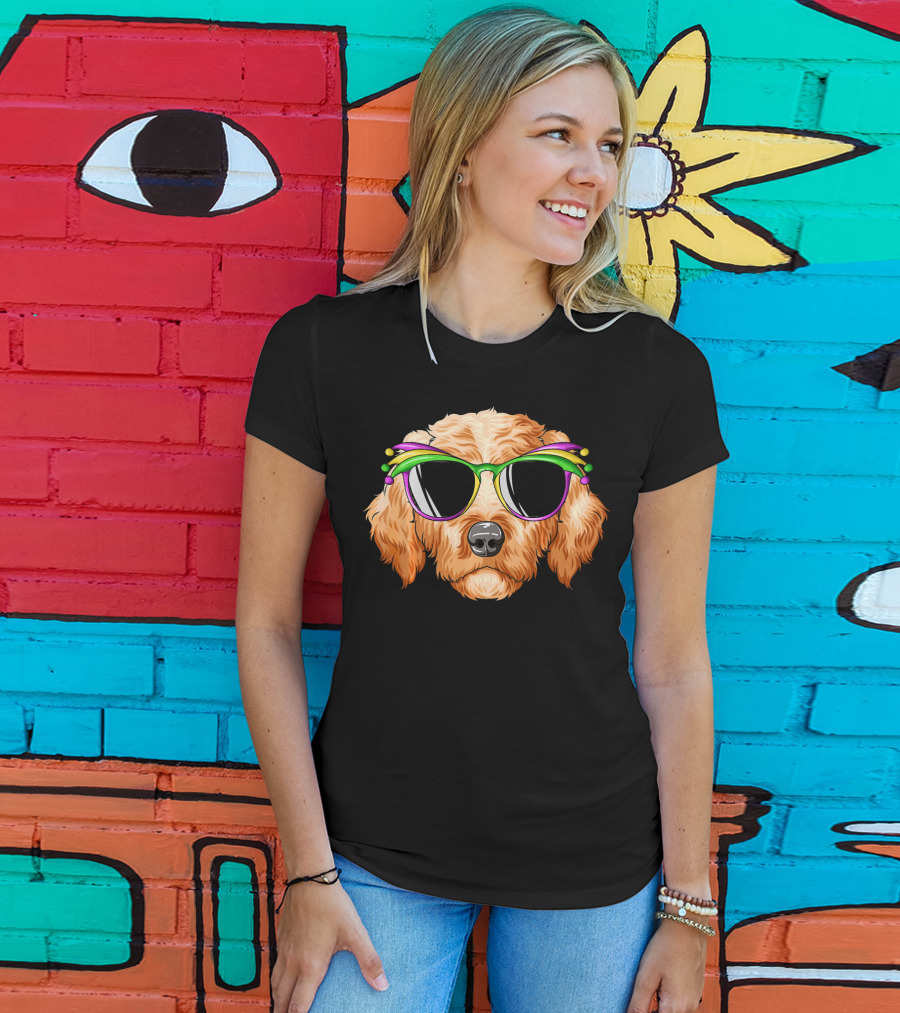 Goldendoodle Mardi Gras Carnival Mask Sunglasses T-Shirt