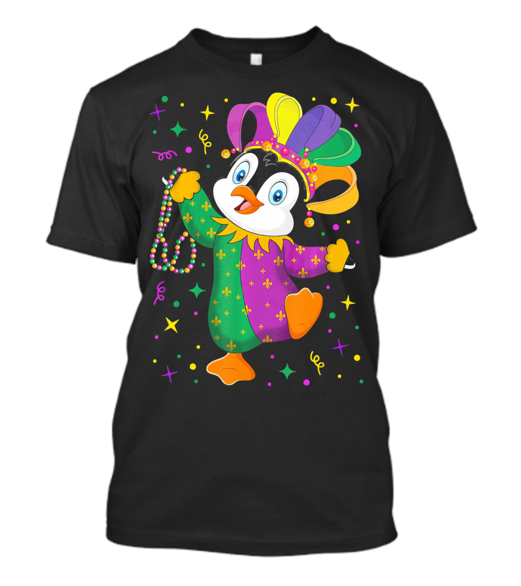 Cute Penguin Jester With Mardi Gras Colors And Beads T-Shirt