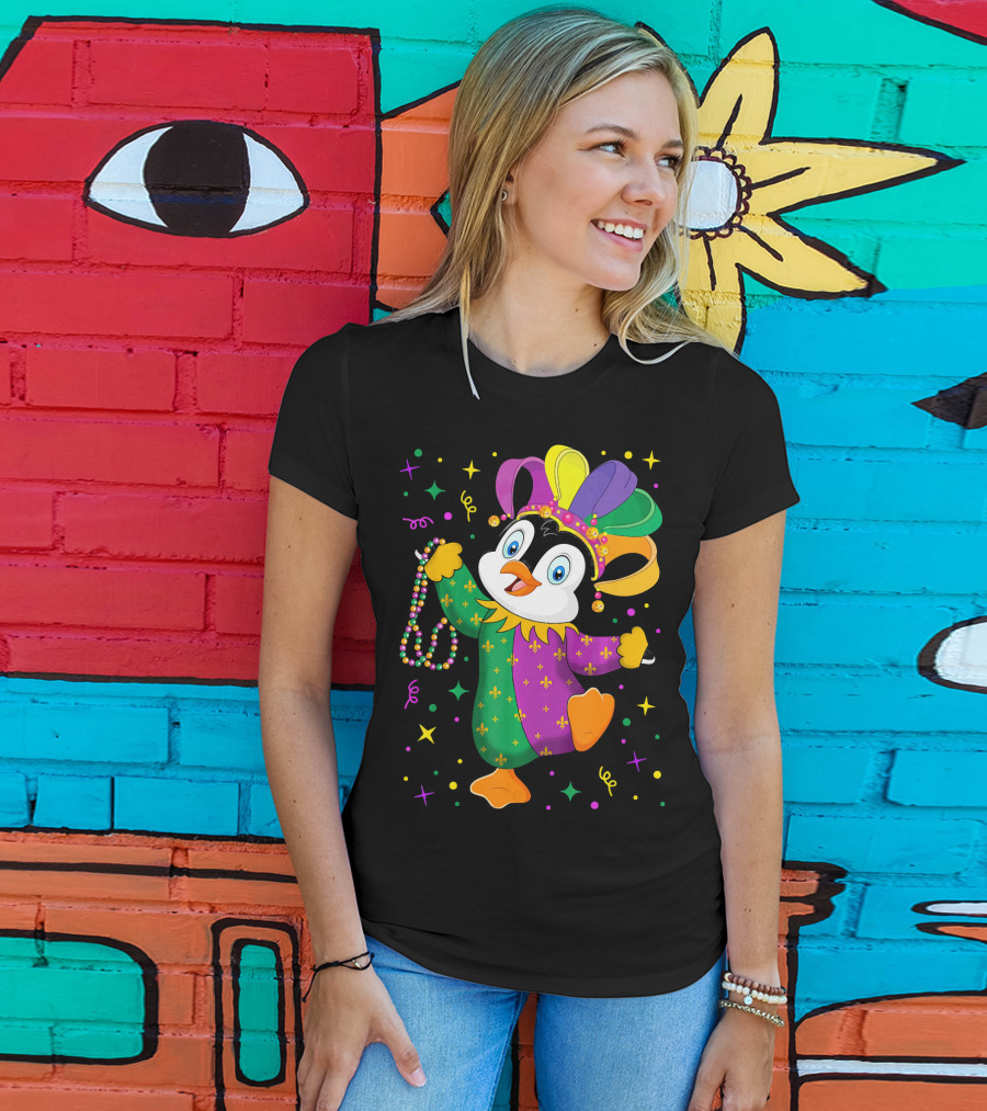 Cute Penguin Jester With Mardi Gras Colors And Beads T-Shirt