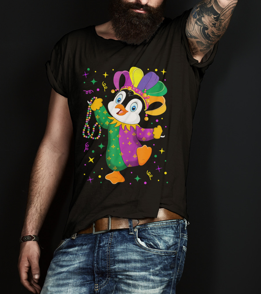 Cute Penguin Jester With Mardi Gras Colors And Beads T-Shirt