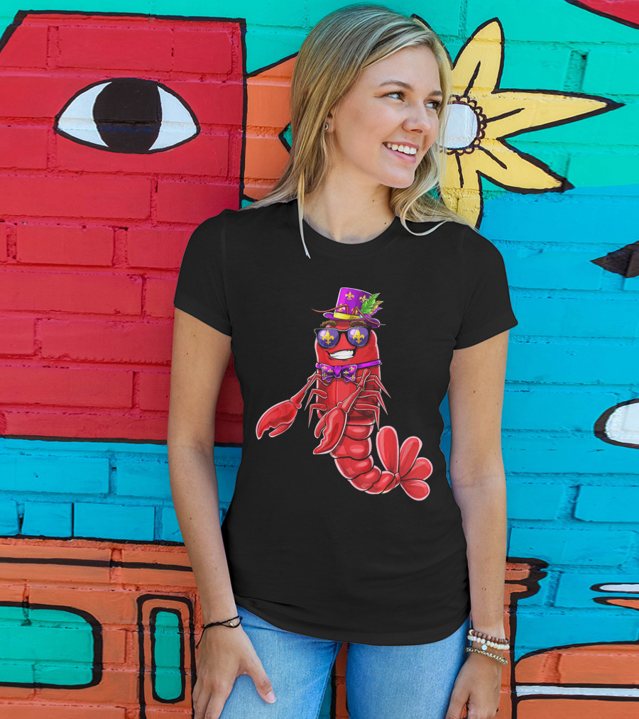 Flossing Crawfish In Mardi Gras Jester Hat With Beads And Fleur-de-lis Glasses T-Shirt