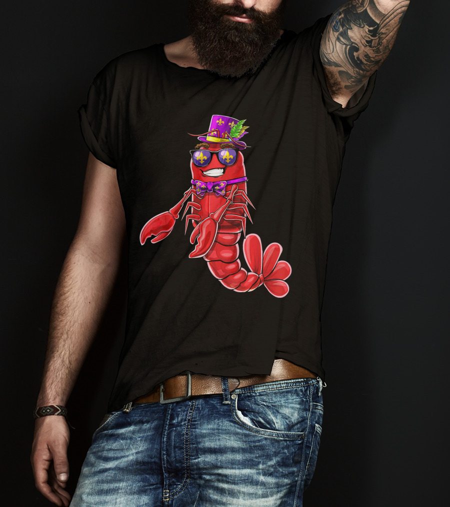 Flossing Crawfish In Mardi Gras Jester Hat With Beads And Fleur-de-lis Glasses T-Shirt