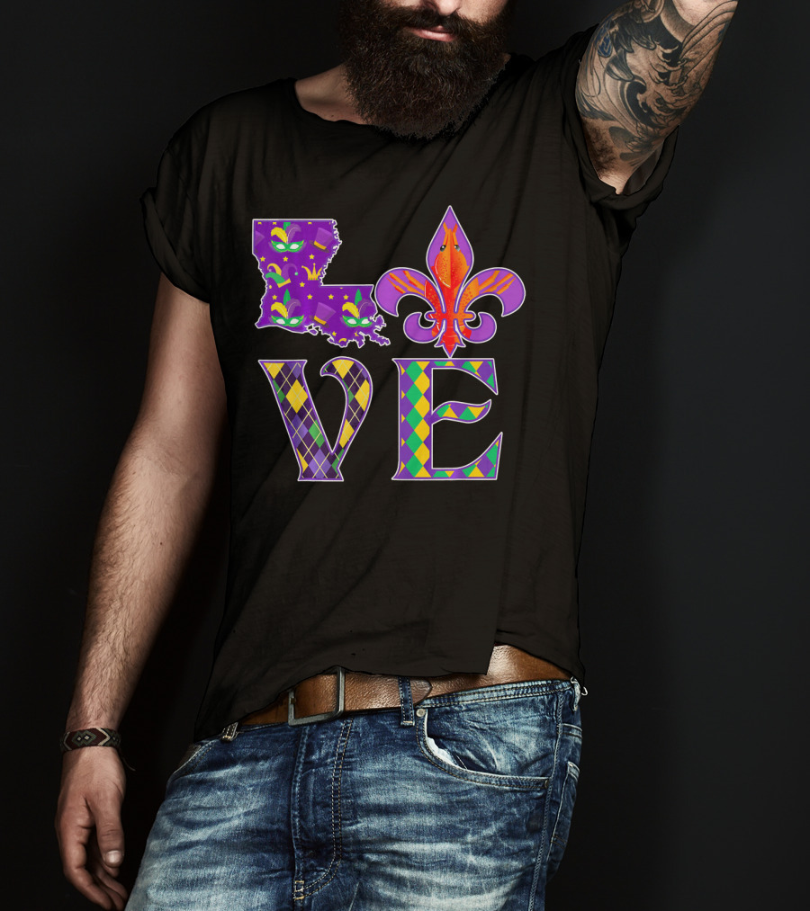 Louisiana Mardi Gras Love Fleur DE Lis Crawfish T-Shirt