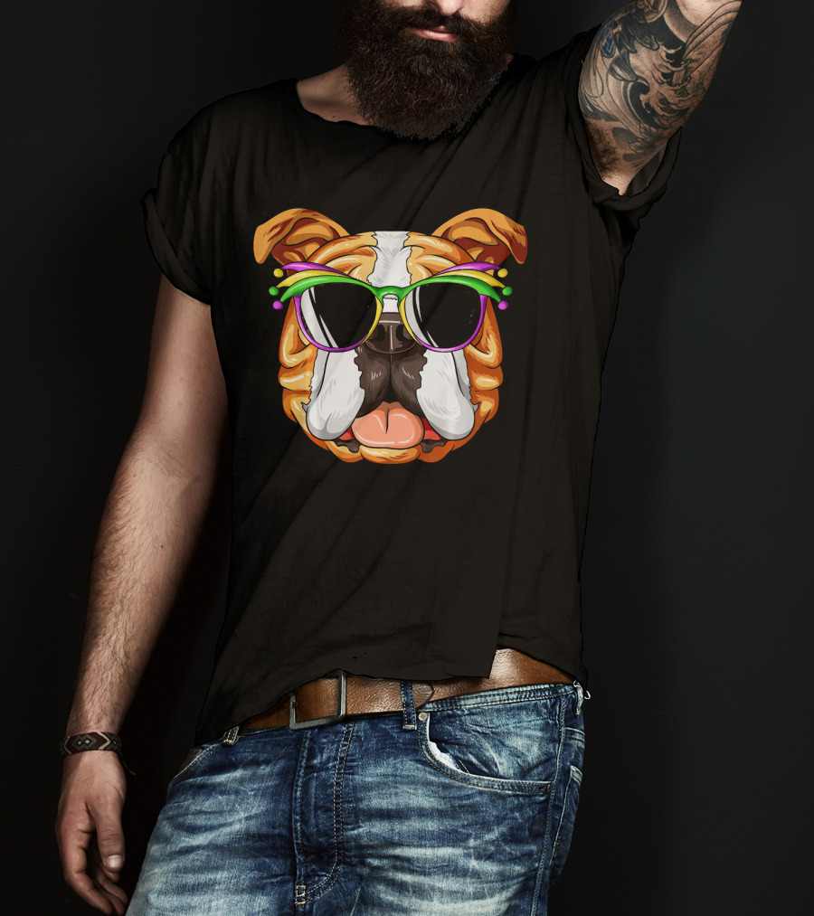 English Bulldog Wearing Colorful Mardi Gras Carnival Mask Glasses T-Shirt