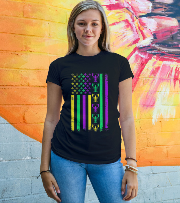 American Flag Mardi Gras Crawfish Fleur-de-Lis T-Shirt