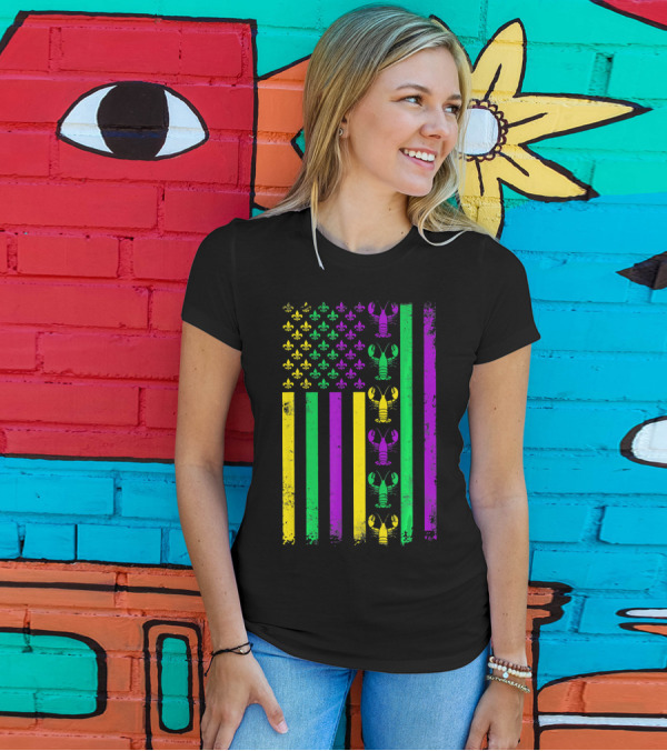 American Flag Mardi Gras Crawfish Fleur-de-Lis T-Shirt