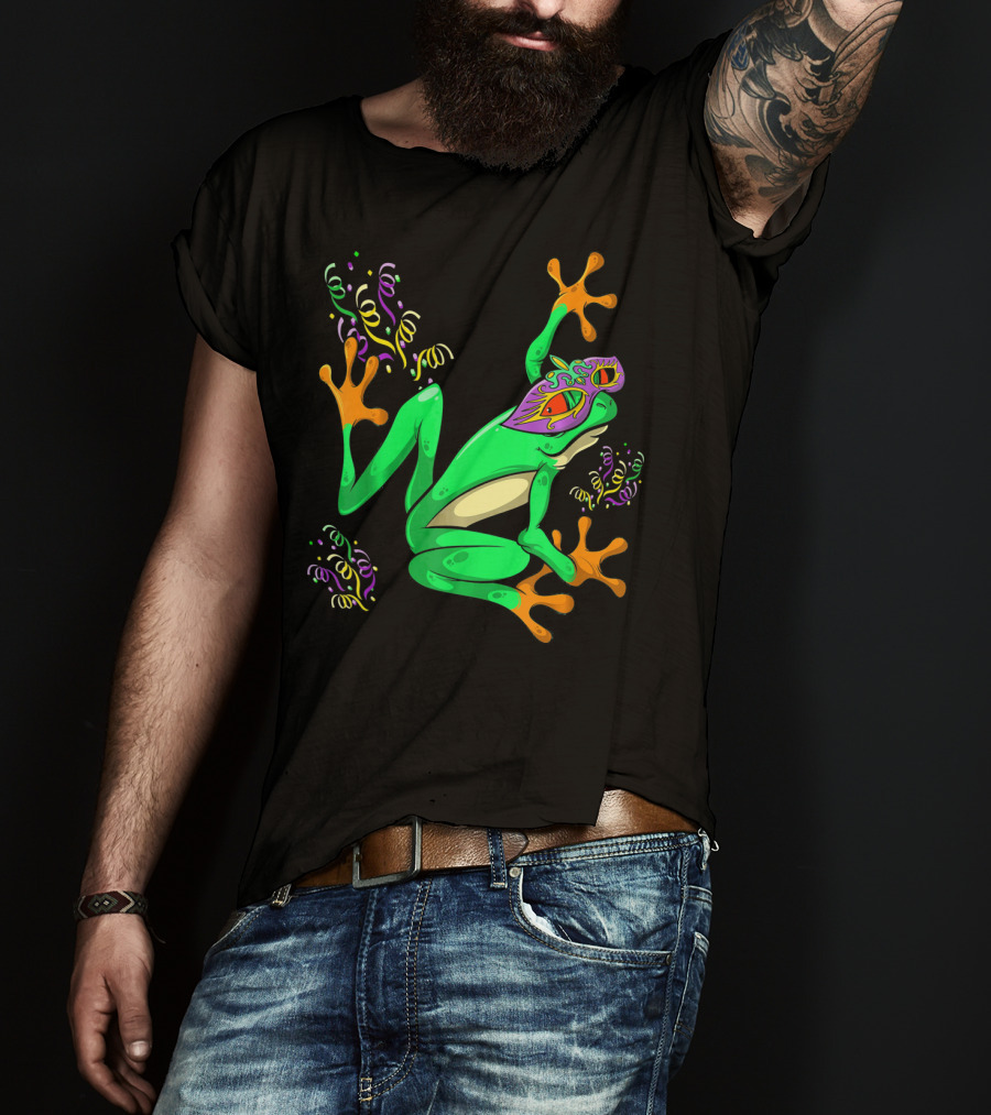 Frog In Mardi Gras Mask With Party Streamers T-Shirt