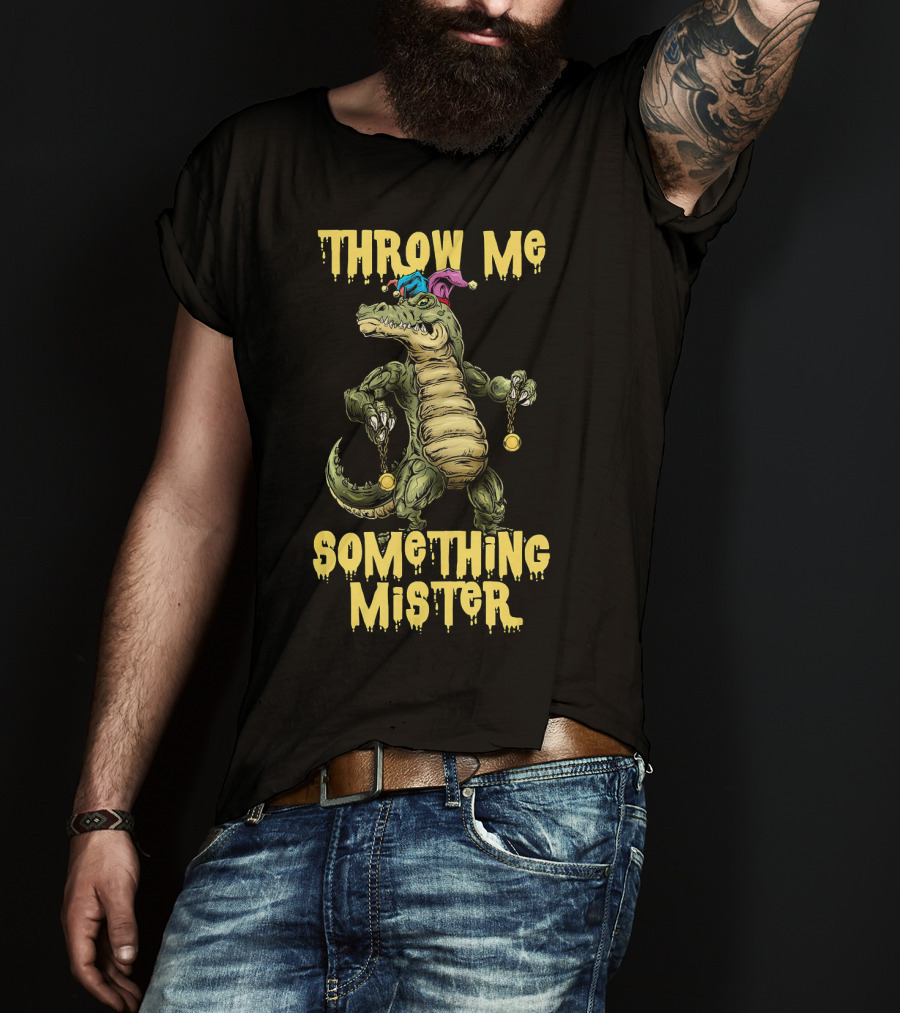 Throw Me Something Mister Mardi Gras Alligator With Beads And Jester Hat T-Shirt