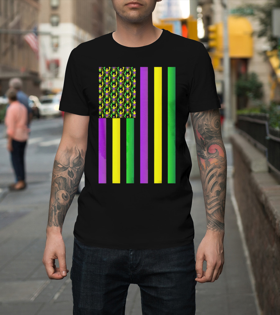 Usa Flag Mardi Gras Crawfish Purple Yellow Green Stripes T-Shirt