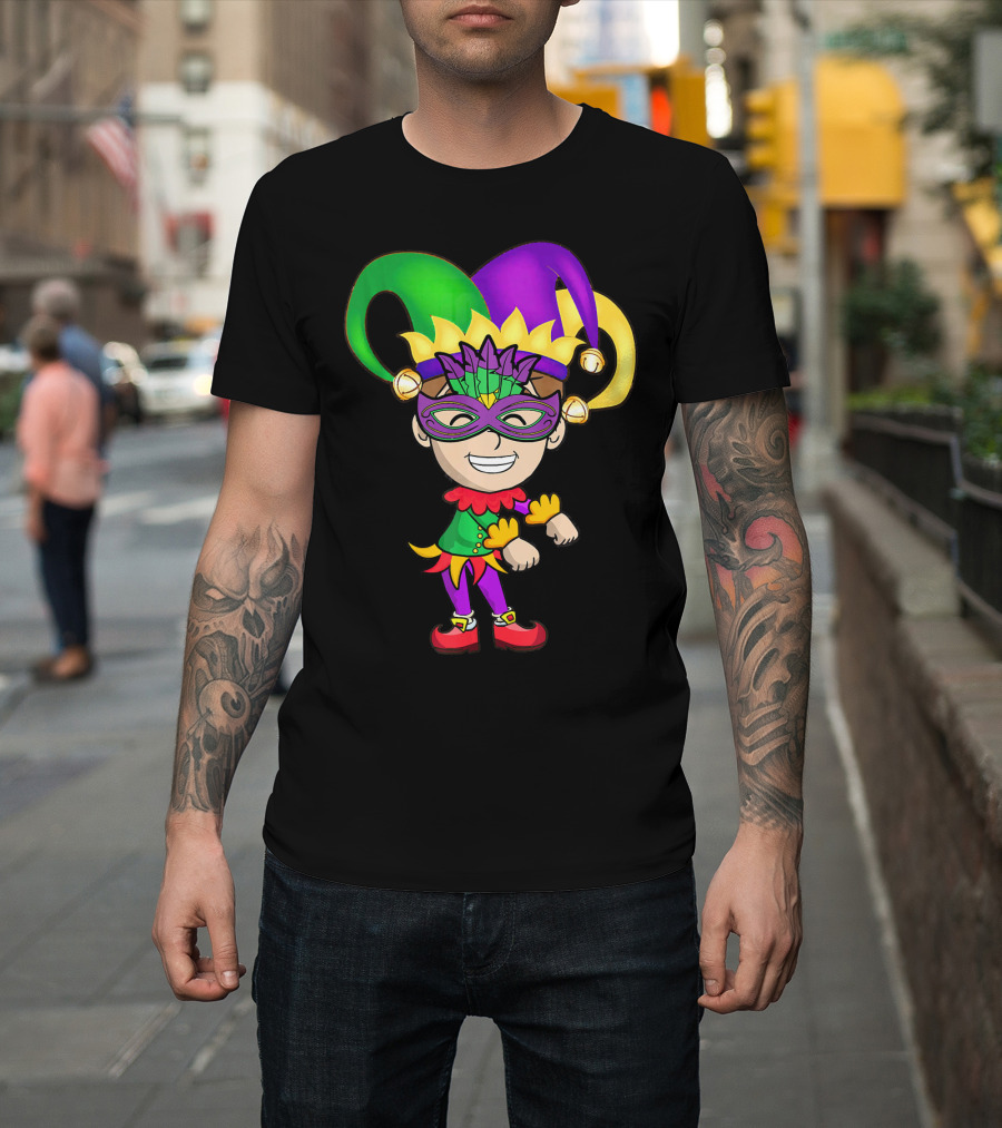 Mardi Gras Jester Kid Flossing Dance Colorful Mask and Costume T-Shirt