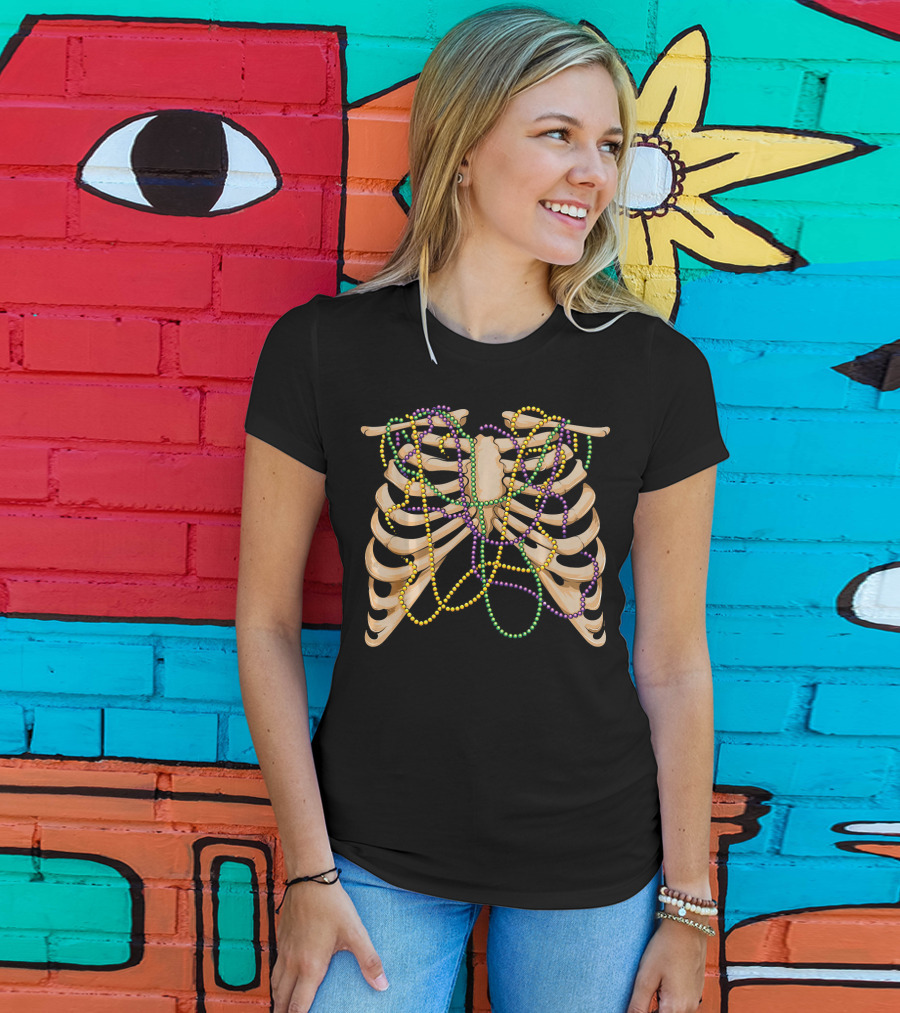 Mardi Gras Rib Cage Bone Skeleton Beads T-Shirt