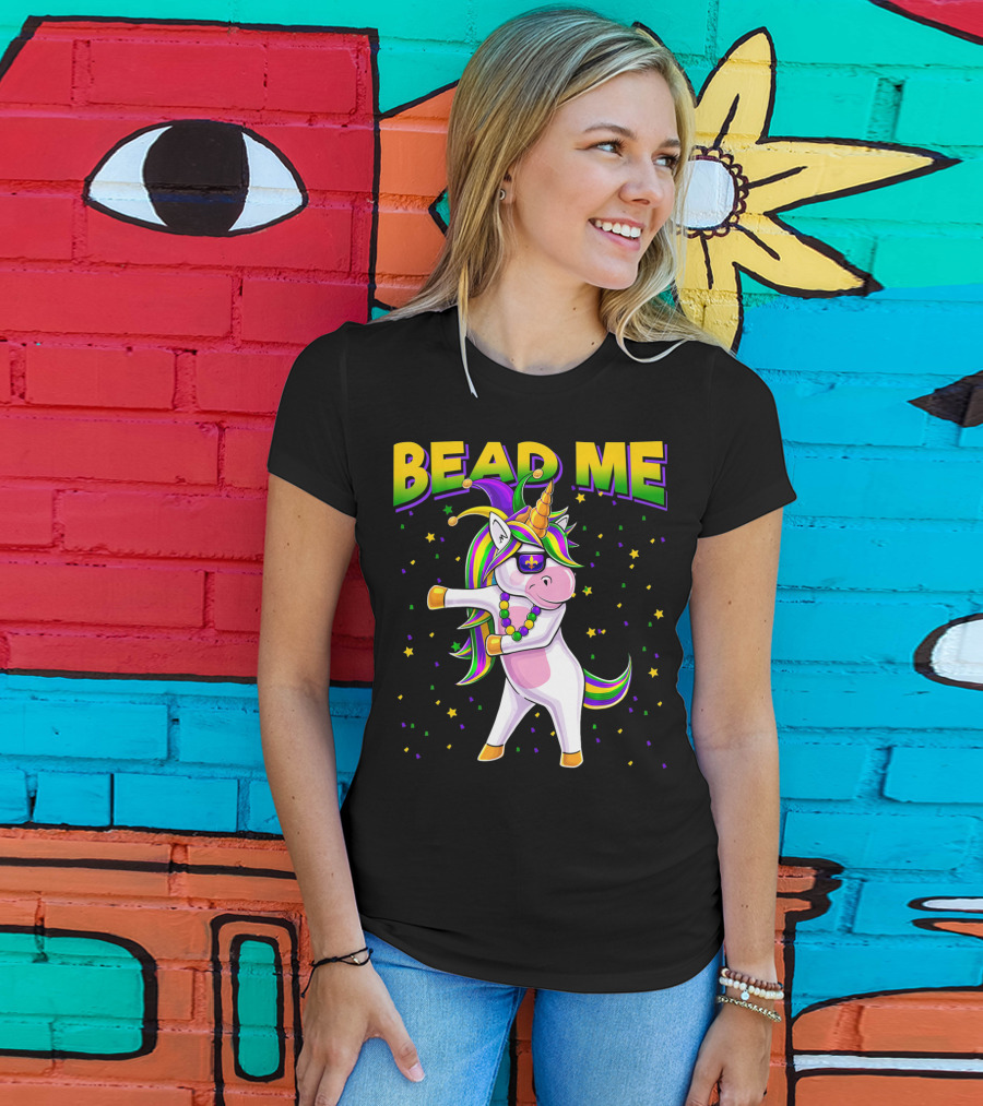Bead Me Mardi Gras Flossing Unicorn Jest Fleur-de-lis Stars T-Shirt