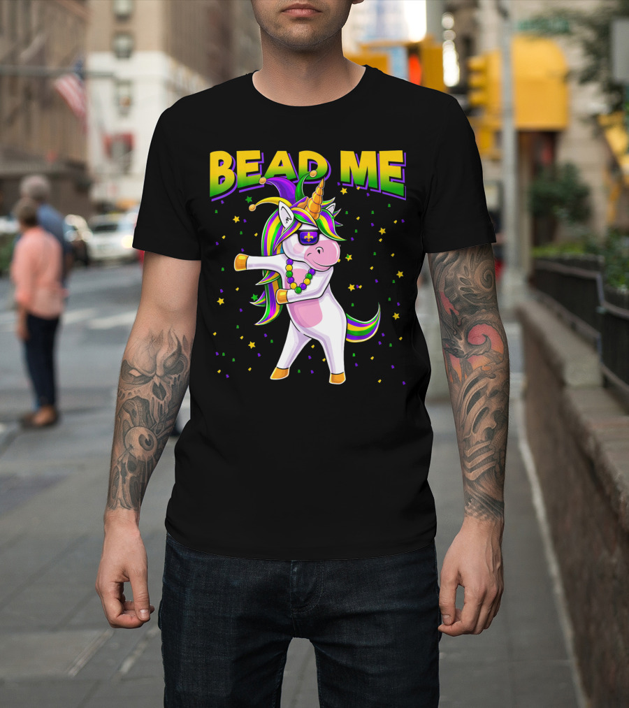 Bead Me Mardi Gras Flossing Unicorn Jest Fleur-de-lis Stars T-Shirt