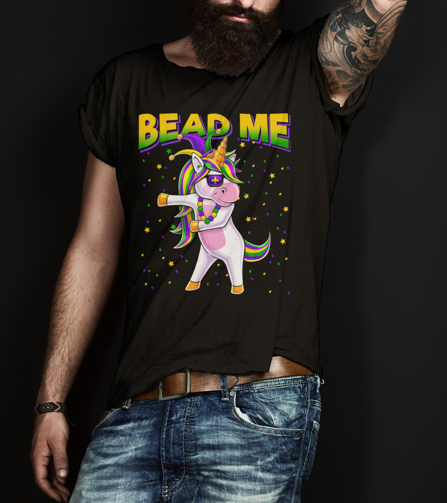 Bead Me Mardi Gras Flossing Unicorn Jest Fleur-de-lis Stars T-Shirt