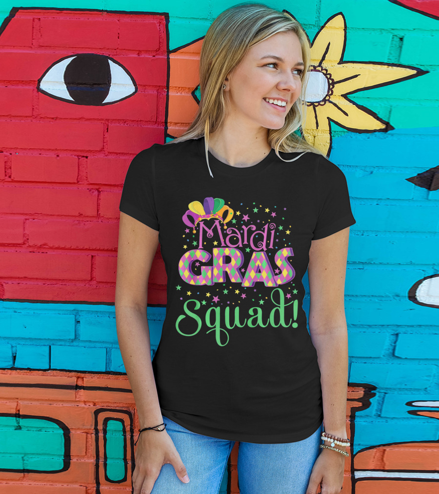 Mardi Gras Squad Funny Carnival Colorful Jester Hat And Stars T-Shirt