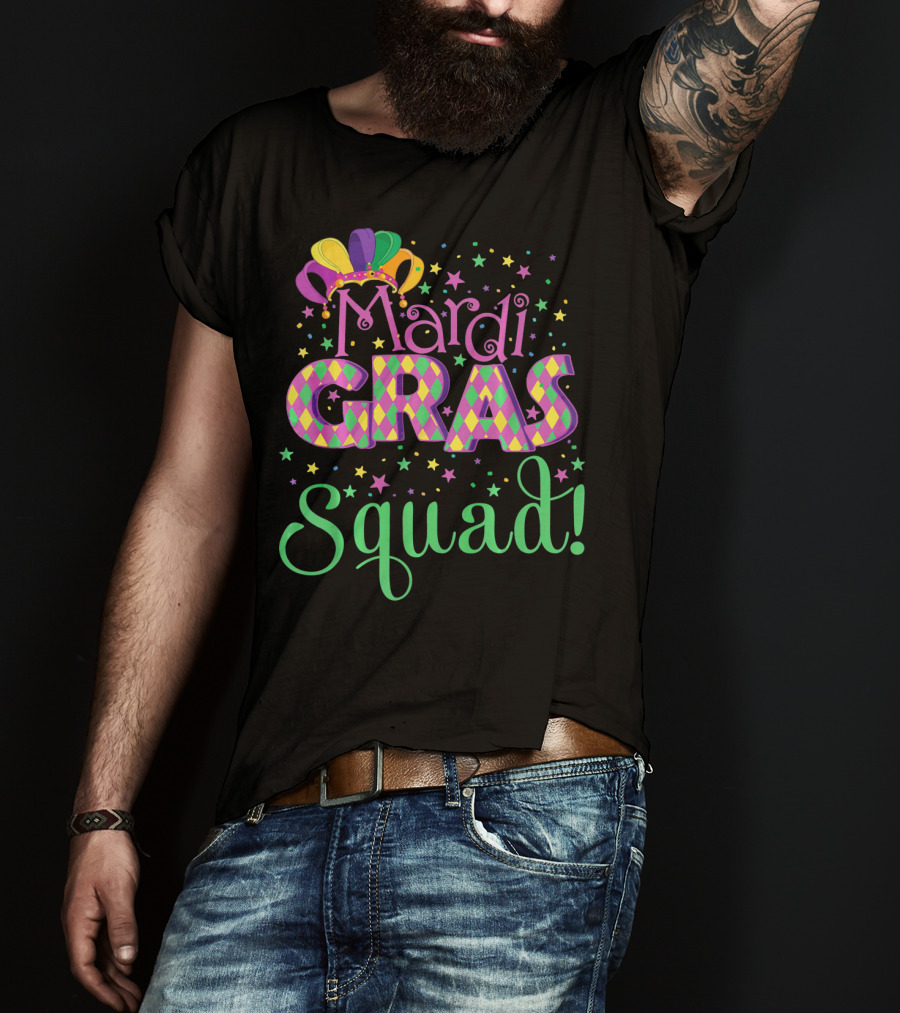 Mardi Gras Squad Funny Carnival Colorful Jester Hat And Stars T-Shirt